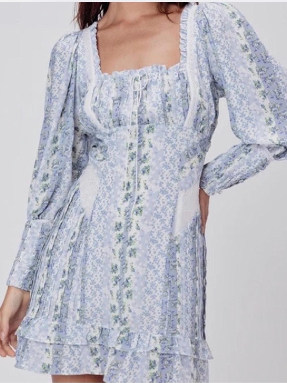 For Love & Lemons Light Blue Floral Long-Sleeve Mini Dress